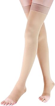 Lin Performance 15-20 mmHg Compression Stockings for Women & Men, Thigh High Dot-Top Open Toe, Leg Support for Daily & Travel Comfort Socks Beige,M