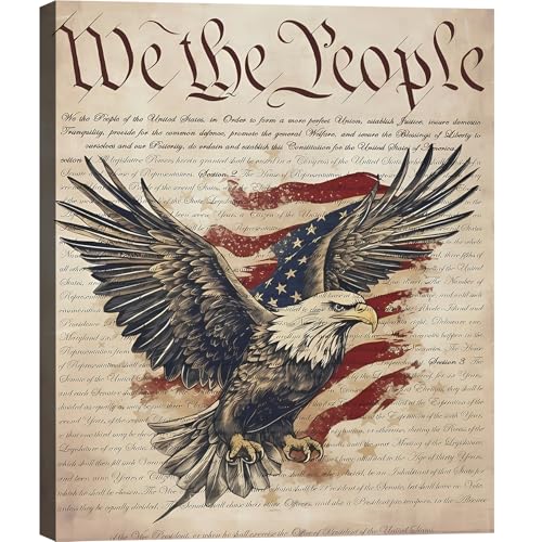 Image of Framed We The People Bald Eagle Wall Art, Patriotic US Constitution Canvas Art Pictures, American Flag Wall Decor, Made in USA Ready to Hang for Office Living Room