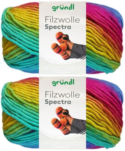 2x100 Gramm Gründl Filzwolle Spectra aus 100% reiner Schurwolle inkl. Anleitung für Filzschuhe (05 Carnival Multicolor)