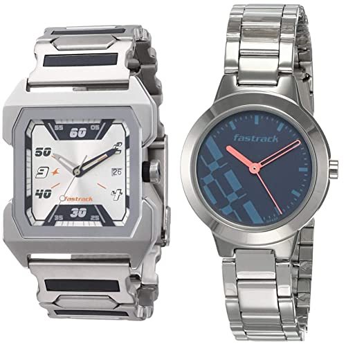 Image of Fastrack Unisex Stainless Steel Analog Couple's Watches - Nk1474Sm01,Nk6150Sm03 | Rakshabandhan Gifts, Band Color-Silver,Dial Color-Silver