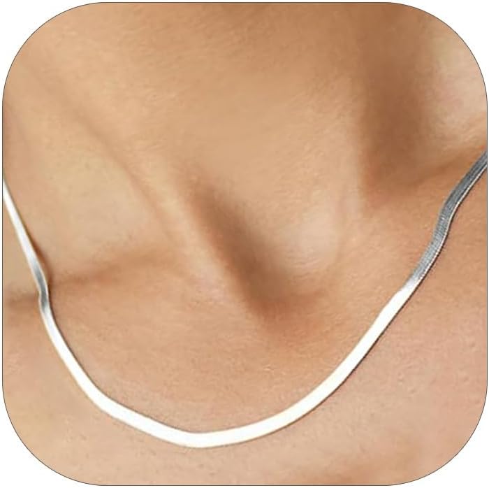 FOCALOOK 14K Gold Plated Necklaces for Women, Fashion Herringbone Choker Necklace Stainless Steel Flat Snake Chain 3/5MM(W) 12.5"/15"/18"+3.5"(L)