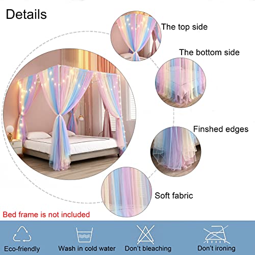 Akiky Canopy Bed Curtains With Lights 4 Corner Post Bed Canopy For Adults Girls, Rainbow Bed Drapes Netting-8 Panel Curtains,Twin #TOP2