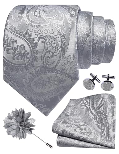 Image of GUSLESON Paisley Tie Set for Men 3.15 inch Necktie Lapel Pin Hankerchief Cufflinks Set for Men