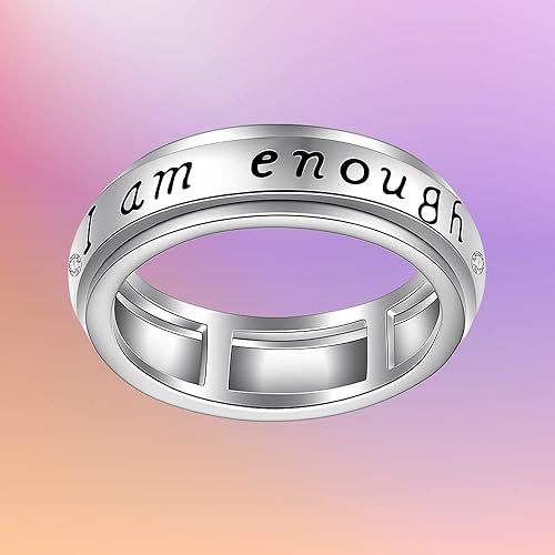 Miniatura 9 de Anillo giratorio para ansiedad de plata de ley con giro de preocupación a juego con la promesa de compromiso I Am Enough Spinner Fidget anillos para