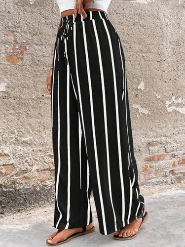 Image of Acelitt Women Casual Drawstring Elastic Waist Striped Wide Leg Pants with Pockets, S-XXL