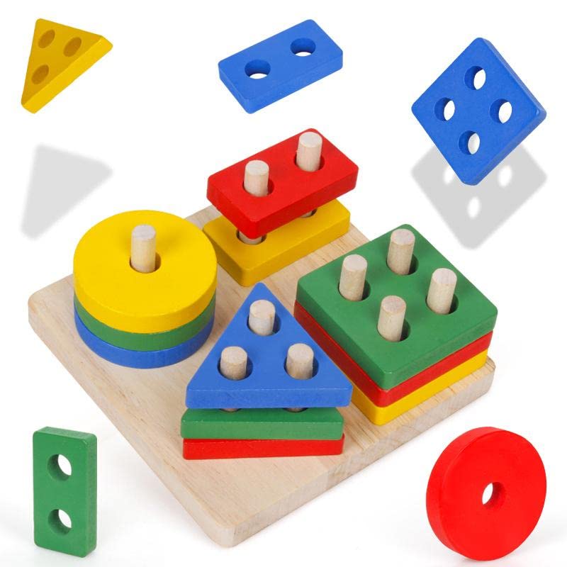 Image of PLUSPOINT Wooden Stackable Blocks & Shape Sorting Board Geometric Shape Stacker Wooden Toy Early Childhood Development Toys for Fine Motor Skills, 16 Pcs