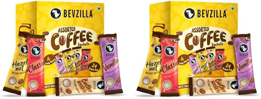 24 Instant Coffee Powder Sachets (24 X2 Gram)| Turkish Hazelnut,Colombian Gold,French Vanilla & English Butterscotch | 6 Sachets Each Flavour| Makes 24 Cups| 100% Arabica Coffee| Strong