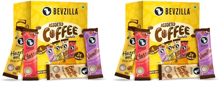 Bevzilla 24 Instant Coffee Powder Sachets (24 X2 Gram)| Turkish Hazelnut,Colombian Gold,French Vanilla & English Butterscotch | 6 Sachets Each Flavour| Makes 24 Cups| 100% Arabica Coffee| Strong