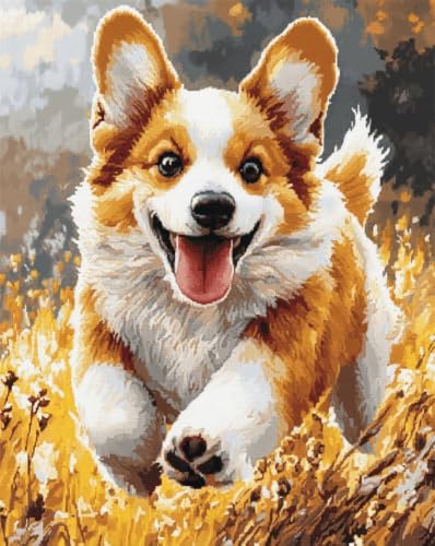 Henypt Kit Punto De Cruz Esquemas S Principiantes Tela Impresa Perro Corgi Corriendo 40X50Cm Cuadro Set Kits Bordado Punto De Cruz Kit Completo Hilo Y Tela Impreso Contado Patrones A Mano Hacer Fac