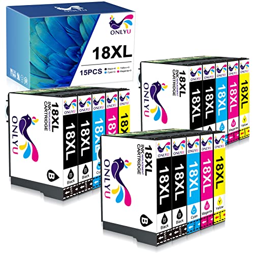 ONLYU 18XL Cartouches d'encre Remplacer pour Epson 18 18 XL Compatible avec Epson Expression Home XP-225 XP-315 XP-202 XP-205 XP-212 XP-305 XP-325 XP-415 XP-425 XP-402 XP-405 XP-412 (15 Pack) Cover