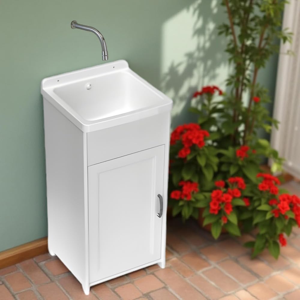 Compact Resin Sink Unit 40 x 40 x 85 cm – Outdoor, Indoor, Bathtub, Garage, Hand, Wash, Laundry, Washroom, Storage Box, Acid-Resistant – Made in Italy White