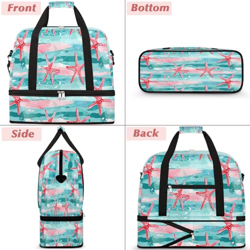 Travel Duffel Bag with Shoe Compartment, Pink Starfish Stripes Shoulder Weekender Bags for Women, Foldable Waterproof Travel Bag Carry on Bag3