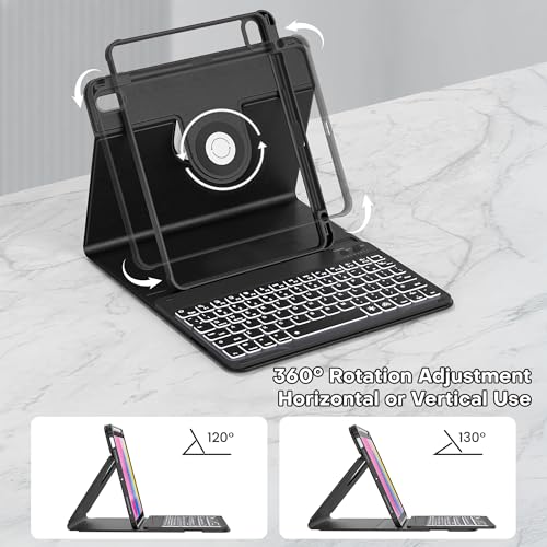 Image of YBING for iPad A16 Case with Keyboard 11th &10th Generation, 360 Rotation Magnetic Cover with 7-Color Backlit Wireless Detachable Keypad with Pencil Holder for iPad 11th 2025 /10 Gen 10.9 inch 2022 (Black)