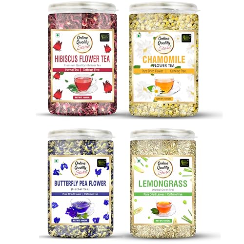 Image of Online Quality Store Hibiscus Flower Tea, Butterfly Pea, Chamomile, Lemongrass - 100gm Each (4 x 100 gm) Total 400 gm