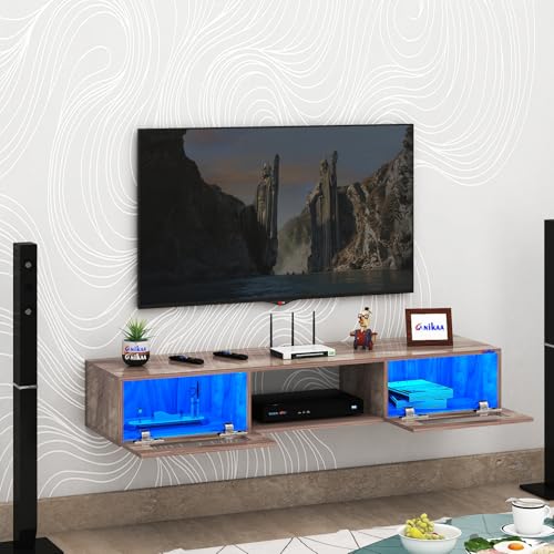 Image of Anikaa Orilo Wall Mount Modern Floating TV Unit for Living Room with 3 Storage Cabinet & Blue LED Light | Ideal for UP to 55 Inch TV (Coachwood Finish - DIY Installation)