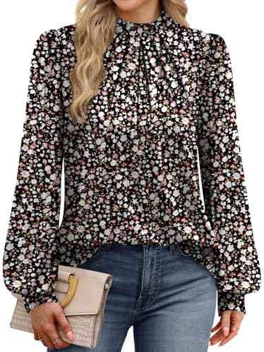 Image of WIHOLL Long Sleeve Shirts for Women Mock Neck Tops Pleated Front Blouses Dressy Casual Spring Fall Clothes 2026 Fashion