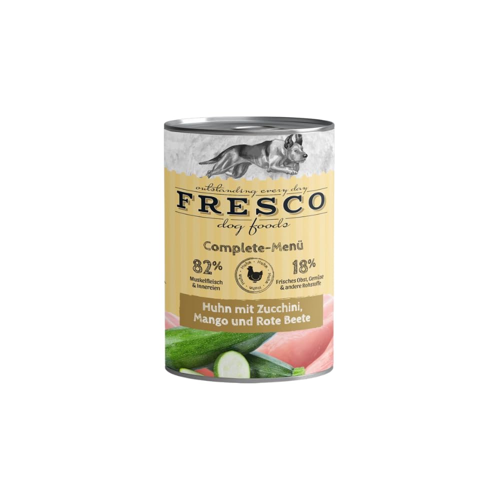 Fresco Complete-Menü Huhn mit Zucchini, Mango & Rote Beete | 12er Pack | 12 x 400 g | Nassbarf für Hunde | Wichtige Proteine & Eiweiß | Aus reinem Muskelfleisch