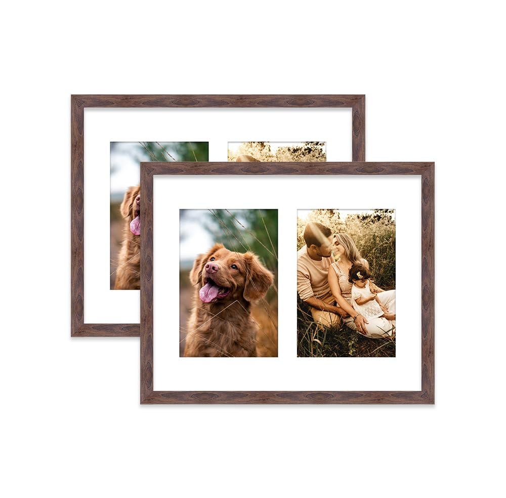 Walnut Multi Photo Frame - Holds 2 x 6x4 Pictures, Family Collage Picture Frame for Wall Display, 10x8 Frame size, Set of 2