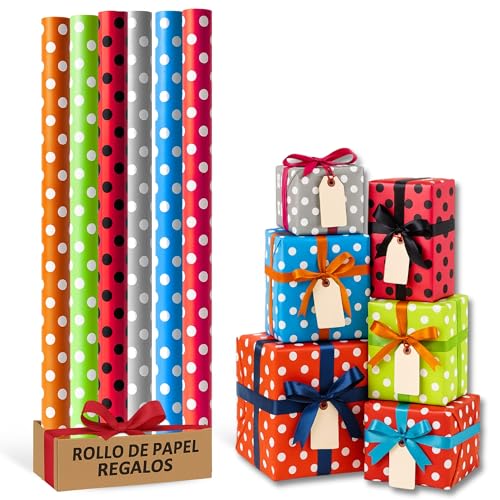 Rollo de papel para envolver regalos, Papel Regalo Cumpleaños, Papel Regalo Navidad, Papel navideño, Tamaño 70 cm x 2 Metros, Contiene 6 Rollos con diseños de Topos Multicolor