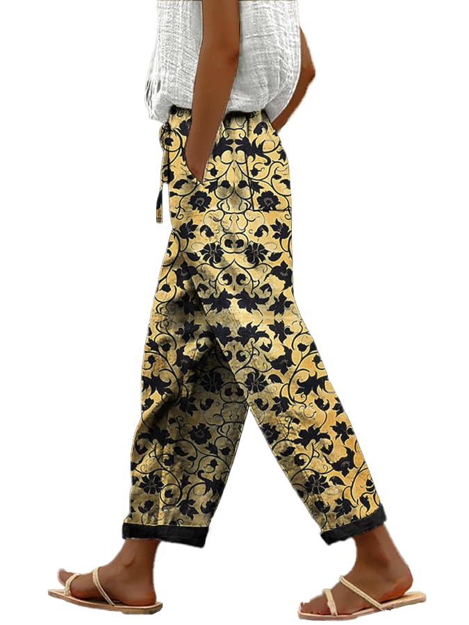 Ankle Pants for Women Black Linen Baggy Lightweight Comfy Casual Cotton Loose Elastic Waist Palazzo Pants