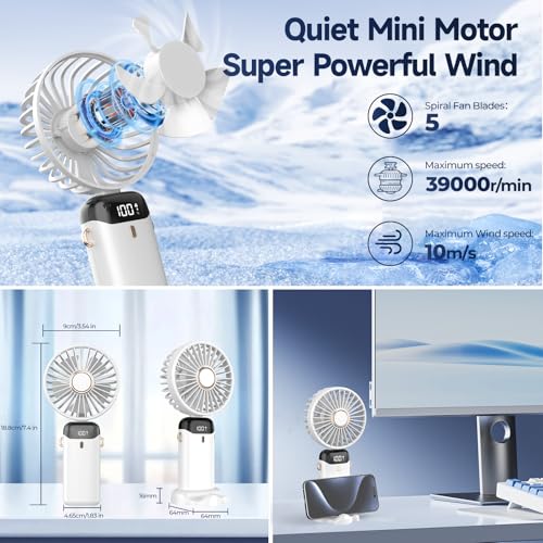 Image of Rechargeable Portable Handheld Fan,3000mAh Battery Operated Mini Fan,5 Speeds and LED Display,Long Lasting Desk Fan for Office,Bedroom,Outdoor Activities and Travel (White)