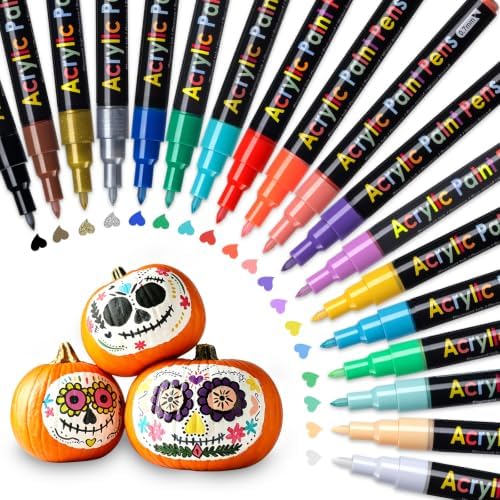 JR.WHITE Extra Fine Tip Acrylic Paint Pens Markers Set of 18: 0.7mm Fine Tip for Halloween Pumpkin Decorating, Rock Painting, Glass, Wood, Ceramic – Halloween Crafts, Drawing Art Crafts
