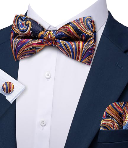 Image of Barry.Wang Paisley Striped Bow Tie for Men Silk Pre-Tied Bowtie Pocket Square Cufflinks Set Formal Wedding Party Prom