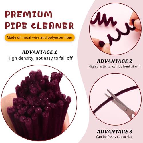Image of 100 PCS Pipe Cleaners Bulk Craft Suppies Wine Red Pipe Cleaners | Chenille Stems Craft Pipe Cleaners for Crafts Cleaning Flower Making Festival Decorations