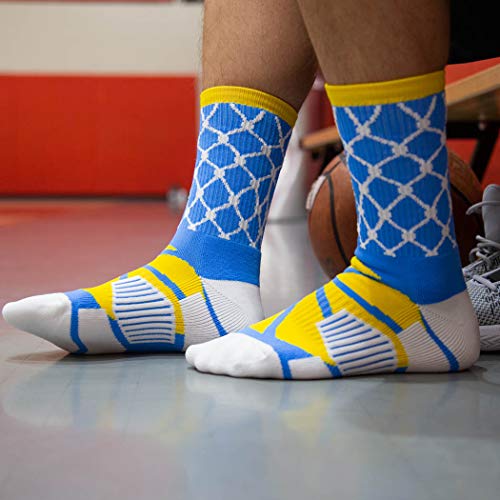 Image of ChalkTalkSPORTS Basketball Socks - Mid Calf - Hoop & Ball Blue Yellow Adult | Moisture-Wicking Performance Blend, Athletic Basketball Gear, Stay-Up Technology, Arch Support, Breathable, Boys and Men