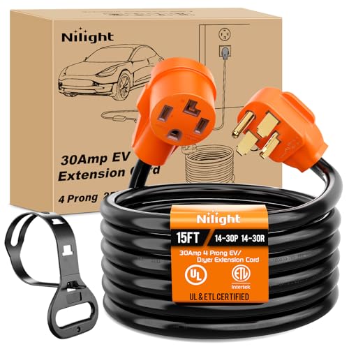 Image of Nilight 15FT EV Dryer Extension Cord 4 Prong 30 Amp NEMA 14-30P 14-30R Old Cable Heavy Duty 10 Gauge Pure Copper Wire UL Listed 125 /250V for Level 2 Using