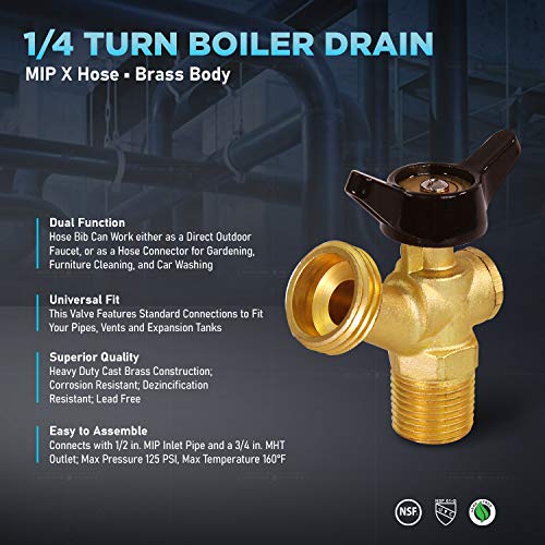 Midline Valve 68344 Boiler Drain Valve, With 1/4 Turn Butterfly T-Handle 1/2 In. Mip Inlet X 3/4 In. Mht Outlet, Brass, Lead-Free #TOP3
