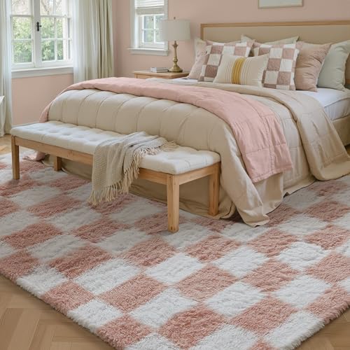 HUGEAR Kariert Flauschig Teppich Wohnzimmer 160x230cm Rosa Weiß Shaggy Carpet – Ansicht 2
