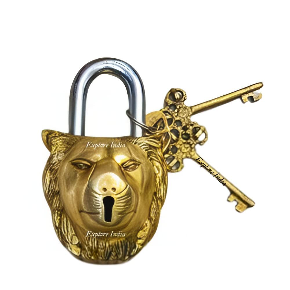 MVs Madh Ventures Lion Shape Solid Vintage Style Brass Lock Animal Design Lock with Keys Lock for Locker Safety, Home Door etc | Modern Locks | Colour - Gold, Weight - 830 Grams
