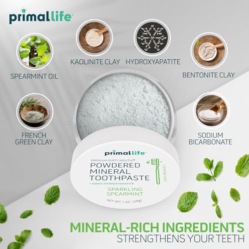 Image of Primal Life Organics - Dirty Mouth Toothpowder, Tooth Cleaning Powder, Flavored Essential Oils with Natural Kaolin & Bentonite Clay, Good for 200+ Brushings, Paleo, Organic, Vegan (Spearmint, 1 oz)