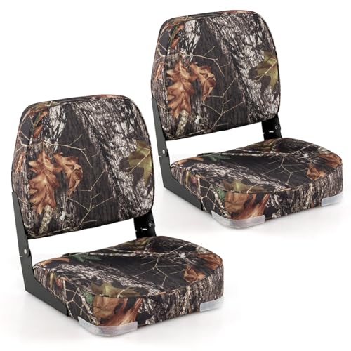Goplus Low/High Back Boat Seats Folding Boat Seat with Stainless Steel Screws & Aluminum Hinges Thickened Sponge Padding Waterproof Fishing Captain Boat Seats Coastal Luxe (2 Packs-Camo & Coffee)
