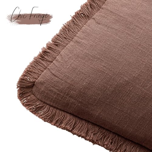 Image of Foindtower Set of 2 Decorative Linen Fringe Throw Pillow Covers Boho Farmhouse Cushion Cover with Tassels Soft Accent Pillowcase for Couch Chair Sofa Bed Living Room Home Decor,18x18 Inch,Rust Red