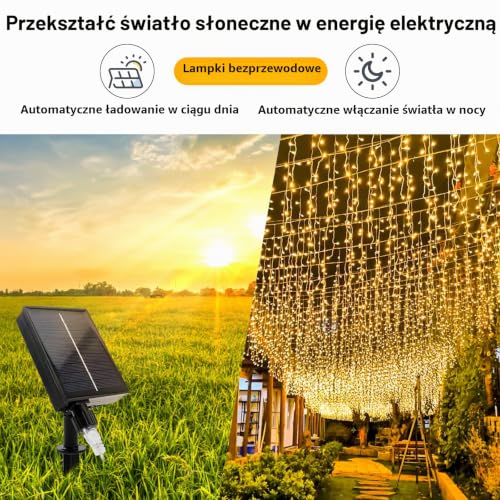 MXJFYY Solarne Lampki Sopelkowe, 22,9 stóp Sopelkowe Lampki Fairy na Zewnątrz Wodoodporne, 32szt*2,62 stóp 256 LED Wodospad Fairy Łańcuch Świetlny 8 Trybów Zdalne Sterowanie Solarna Lampa Ogrodowa do