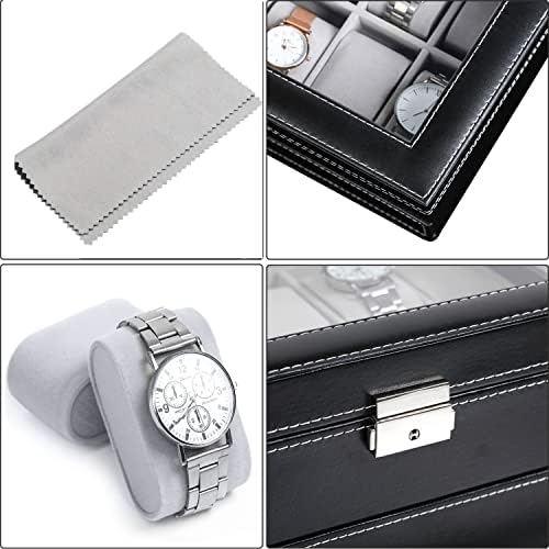BASTUO 12 Watch Box Jewelry Display Organizer Case Drawer Sunglass Holder Stent Bracelet Storage Box for Men Women with PU Leather, Glass Top, Black 