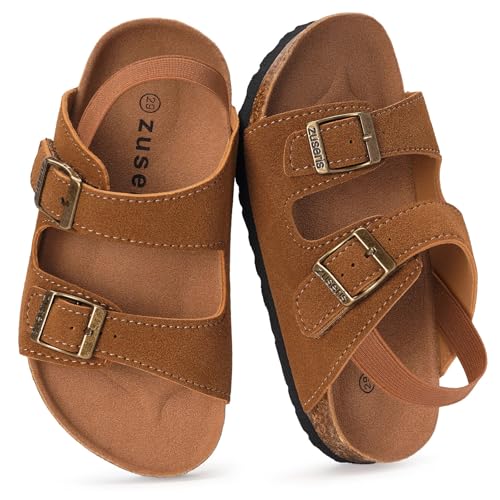 Image of ZUSERIS Kids Toddler Sandals Boys Girls Summer Slides | Soft Cork Footbed, Non-slip,Adjustable Straps,Comfort Suede Leather,Lightweight
