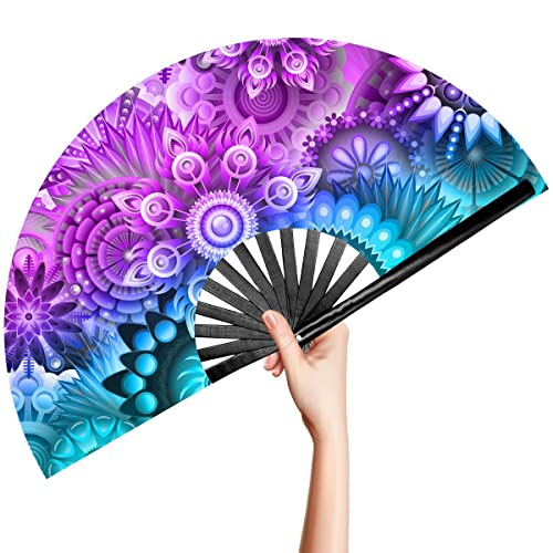 OMyTea Rave Hand Fan Foldable for Women Men Drag Queen - Large Clack Festival Folding Hand Fan - for EDM, Music Festival, Event, Party, Dance, Performance (Psychedelic Flowers)
