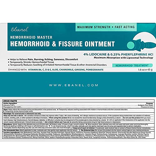 Ebanel Hemorrhoid Treatment Ointment, 1.6 Oz Lidocaine Anal Fissure Anesthetic Cream for Pain, Burning, Itching, Swelling, Bleeding with Phenylephrine, Hydrocortisone, Aloe, Chamomile, Vitamins