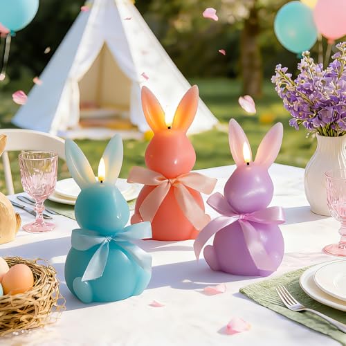 Lanpn 3 Stk Flammenlose Osterhasen Kerze Set LED mit Fernbedienung, Echte Wachskerzen in Hasen Form, 3D Flackerflamme Oster Kerzen Dekoration für Frühling Zuhause, Pastellfarben, 10 x 18,5 cm