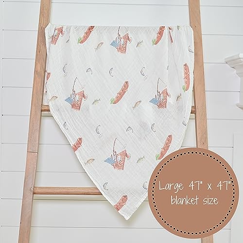 Image of LollyBanks Muslin Swaddle Blankets 2PACK, 100% Cotton Baby Blanket 47 x 47 Inches, Large Baby Swaddle Breathable, Muslin Blankets for Boys and Girls (Mallard Duck and Fishing Print)