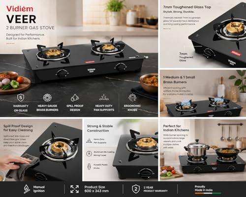 Image of Vidiem VEER 2 Burner Gas Stove with 7mm Toughened Glass Top | Medium & Small Brass Burners | Spill Proof Drip Trays | Heavy Duty Pan Supports | 5 Year Warranty | Manual Ignition