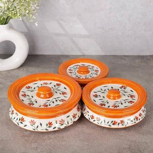 Image of Niyara Orange Leaf Design Ceramic Casserole with Lid for Serving & Storage | Microwave Safe | Stylish Kitchen & Dining Serveware (Set of 3, Sizes: 1000ML, 650ML, 550ML)