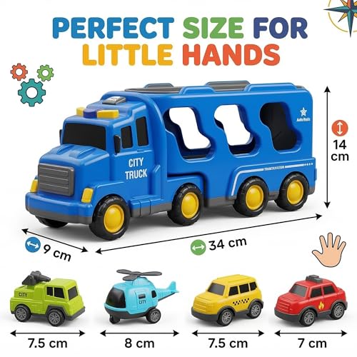Image of City Truck Toy - Friction Powered Educational Vehicle - Transport Carrier with Mini Toy Cars & Music - Toy Set for Kids 3+ Years for Boys & Girls - Blue