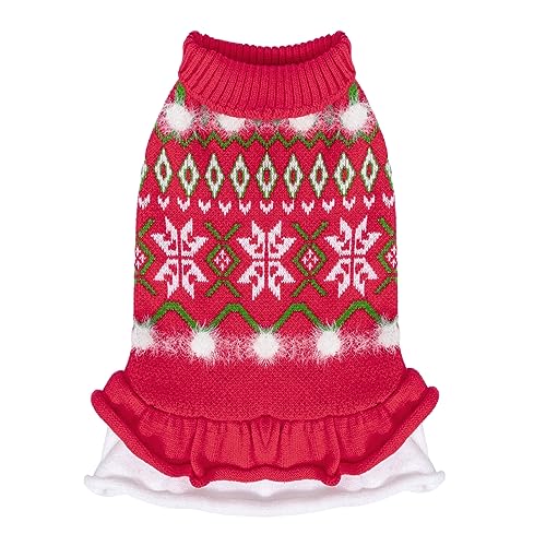 CuteBone Weihnachten roter Hundepullover Kleid Schneeflocke Welpe Wintermantel Hund Rüschenkleid Katzenbekleidung mit Loch für die Leine für kleine mittelgroße Hunde DS85L-DE