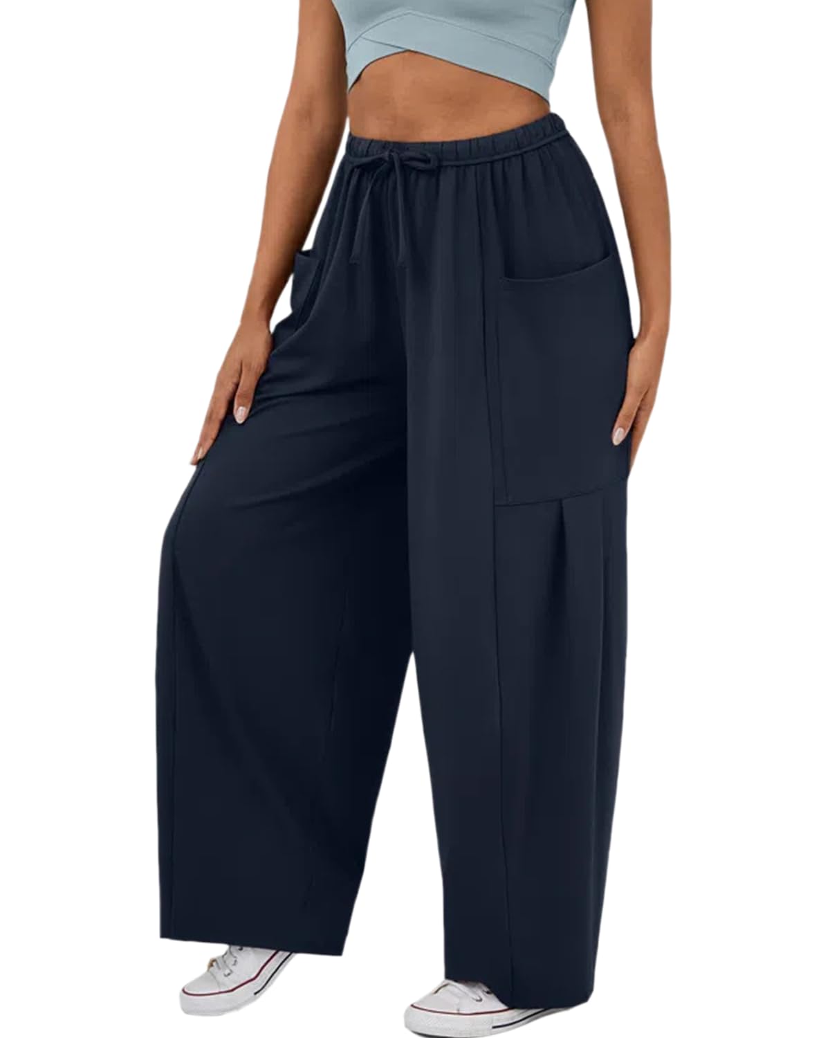 RINTONIX Womens Loose Drawstring High Waisted Wide Leg Harem Pants with Pockets Baggy Casual Summer Palazzo Sweatpants(ZQ-M) Dark Blue