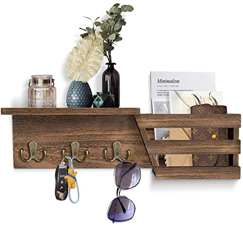 Mail and Key Holder for Wall, Decorative Key Hanger with 3 Key Hooks, Rustic Wall Hanging Key Rack with Hangers, Wood Mail Sorter Key Holder for Wall, Entryway, Hallway