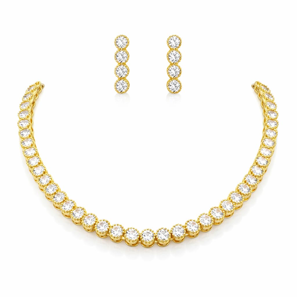 Gold Plated CZ Diamond Necklace Set with Matching Stud Earrings | Elegant Party & Wedding Jewellery for Women (Crystal White)